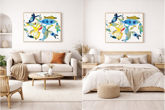 Colorful abstract fish artwork on a wall in a living room and bedroom setting.