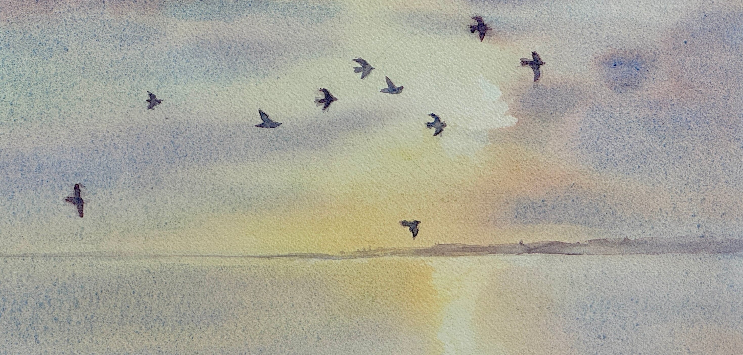 Watercolor painting of birds flying against a colorful sky with a rainbow.